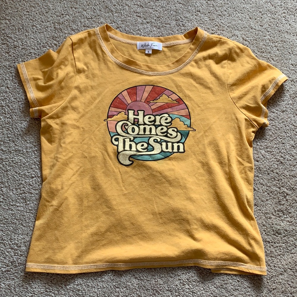 tilly’s white fawn beatles vintage cropped t shirt